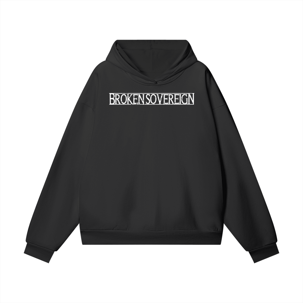 Black hoodie with 'BROKENS OVEREIGN' text on the front against a white background