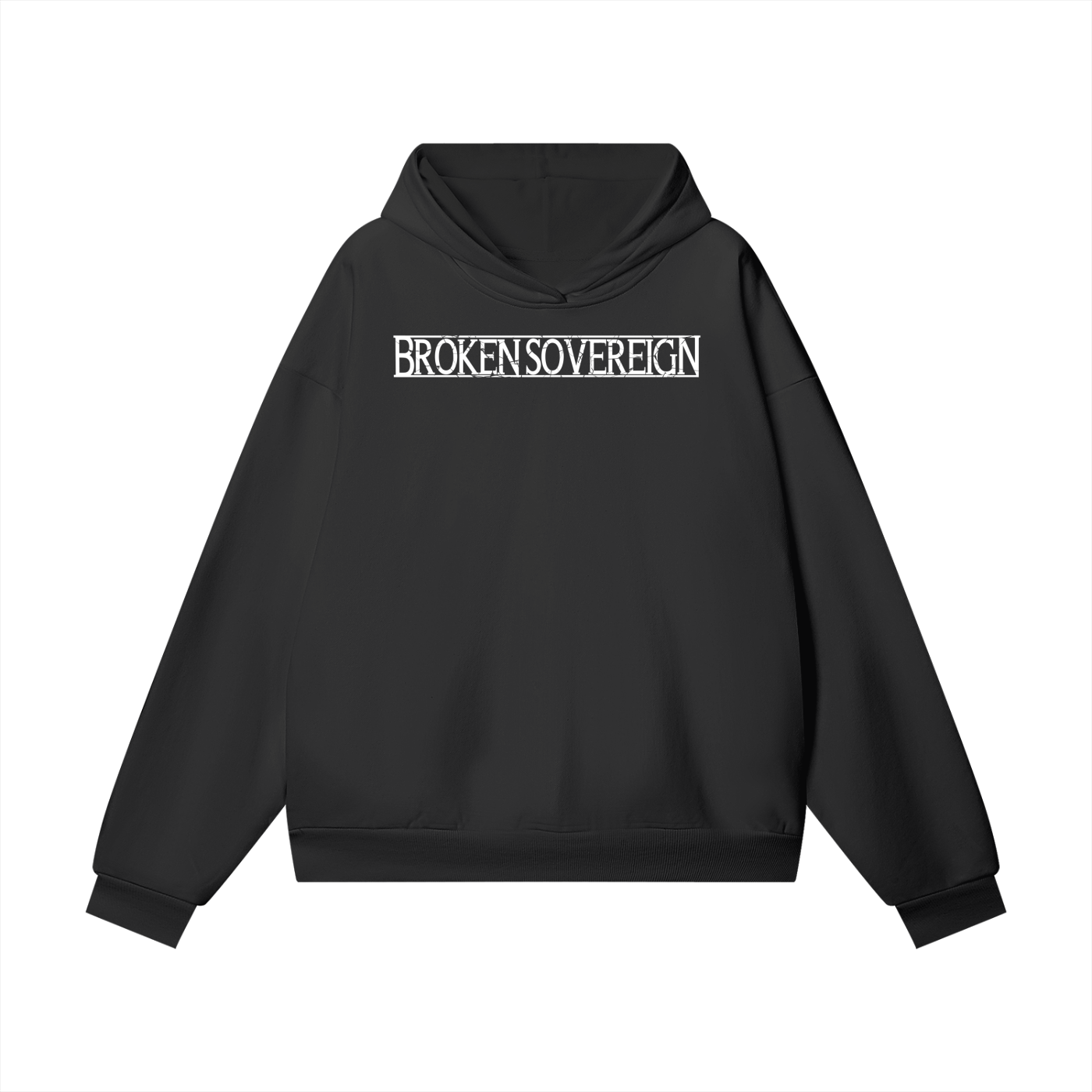 Black hoodie with 'BROKENS OVEREIGN' text on the front against a white background