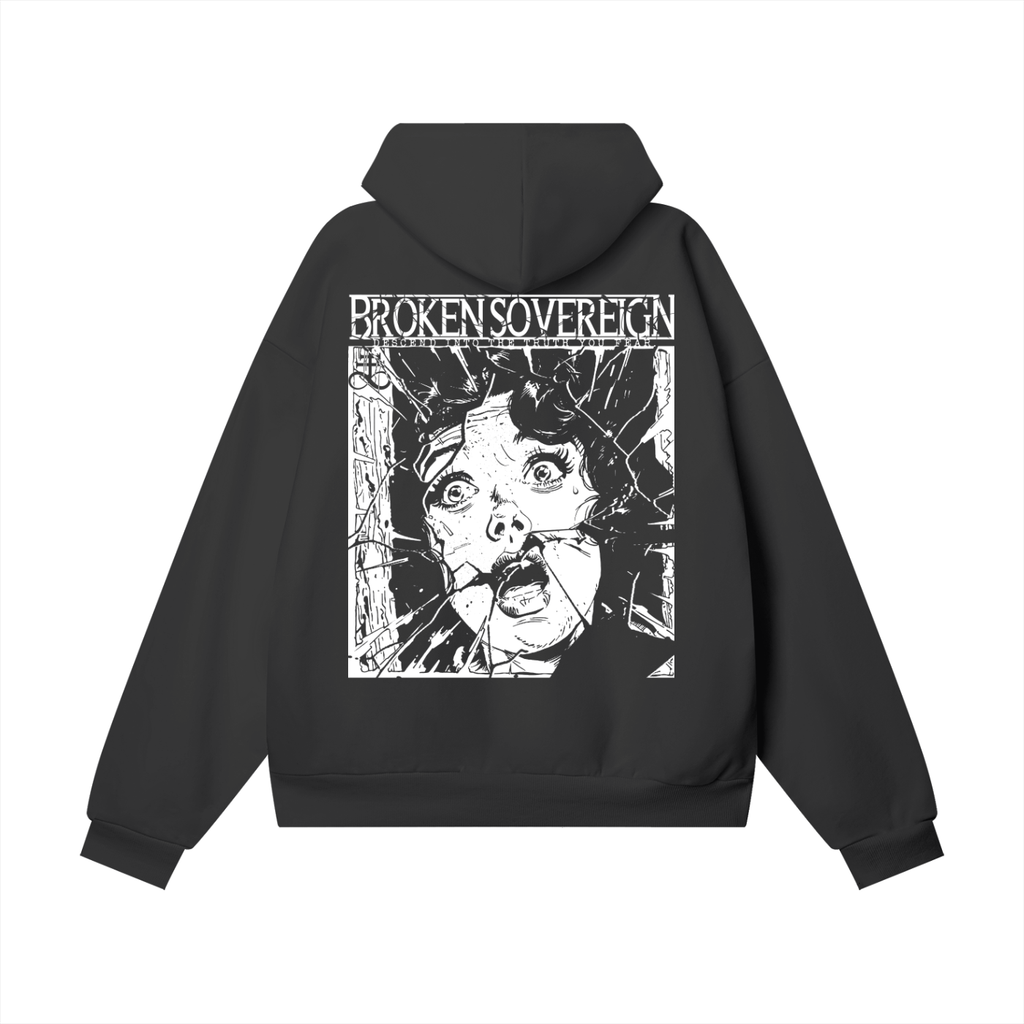 Black hoodie with graphic design and 'Broken Sovereign' text on the back, on a white background