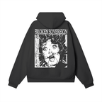 Black hoodie with graphic design and 'Broken Sovereign' text on the back, on a white background
